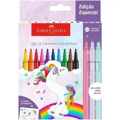 Canetinha Hidrográfica 10 Cores + 3 Com Glitter e Cartela de Adesivo Unicórnio - Faber Castell